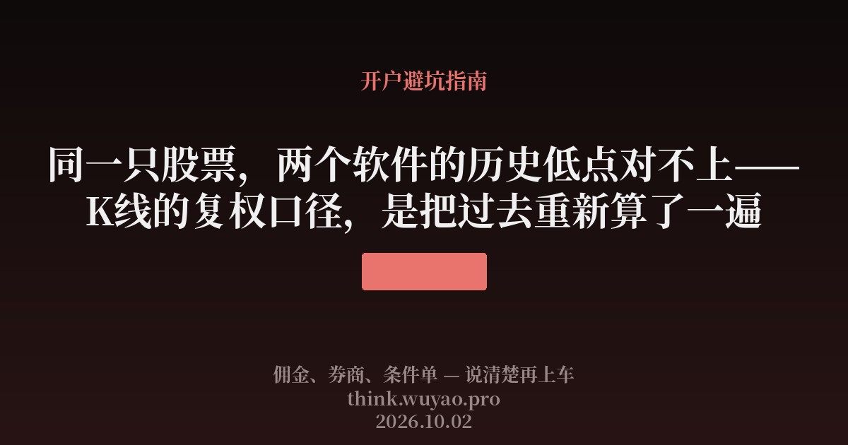 同一只股票，两个软件的历史低点对不上——K线的复权口径，是把过去重新算了一遍