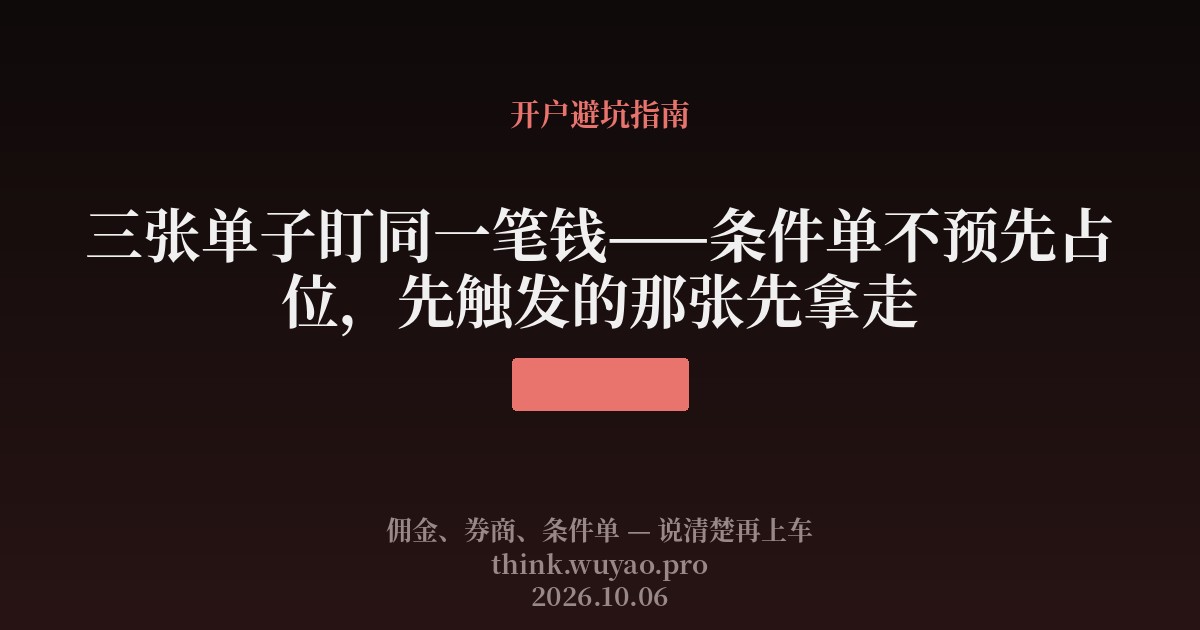 三张单子盯同一笔钱——条件单不预先占位，先触发的那张先拿走